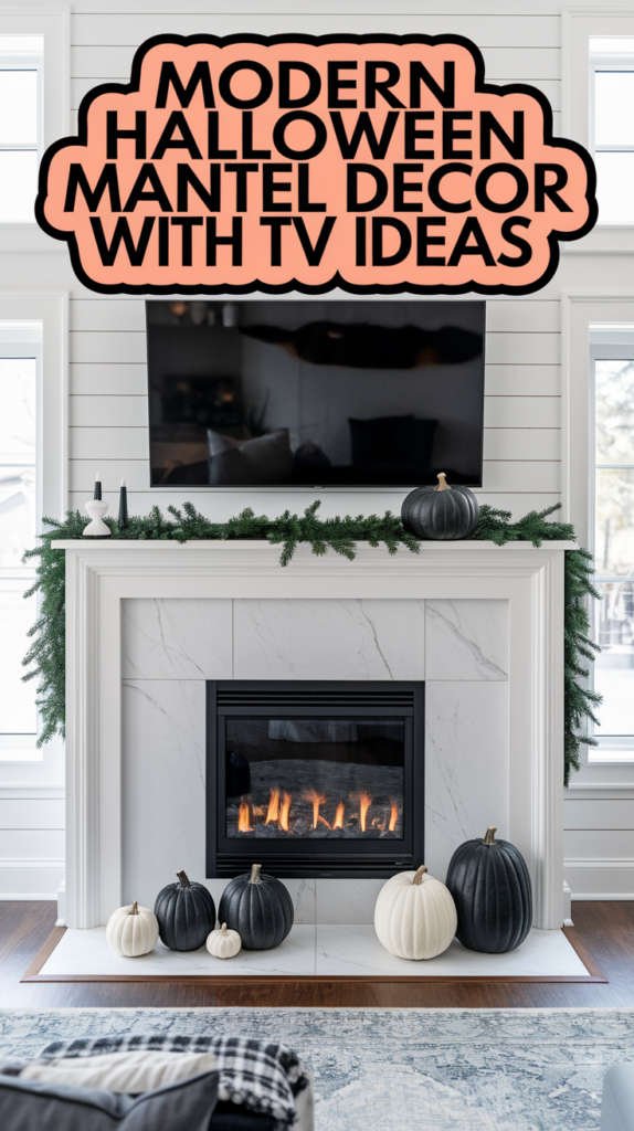A modern fireplace mantel with Halloween decorations, featuring black and white pumpkins and greenery, below a wall-mounted TV.