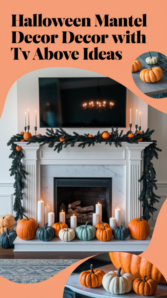 A decorated fireplace mantel with assorted pumpkins, candles, and evergreen garlands, beneath a mounted TV.