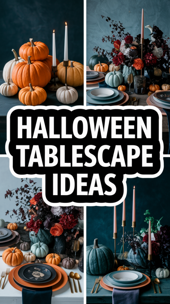 A collage of Halloween-themed table settings with pumpkins, candles, and floral arrangements.