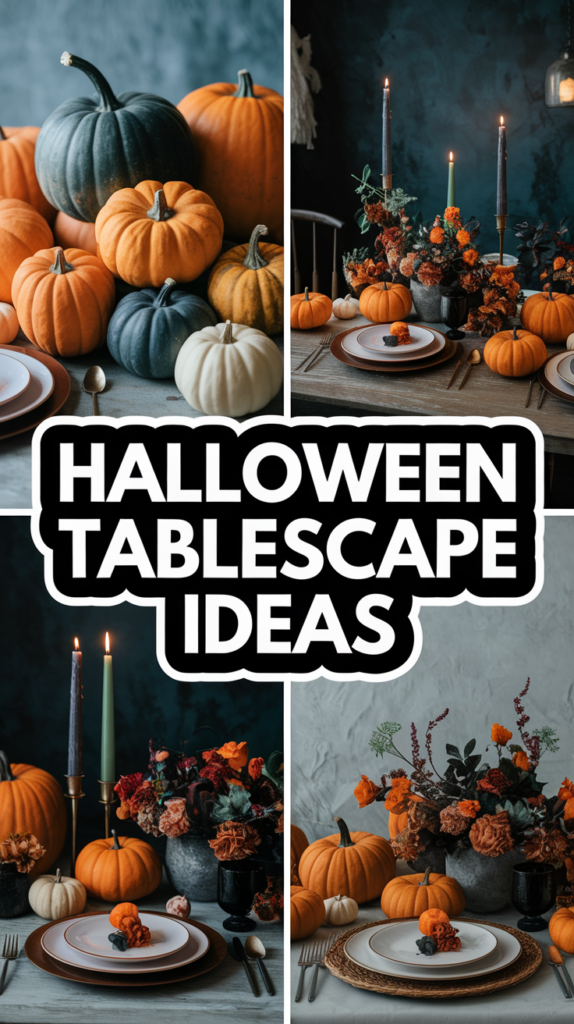 Four Halloween-themed table settings feature pumpkins, candles, and floral arrangements with "Halloween Tablescape Ideas" text.