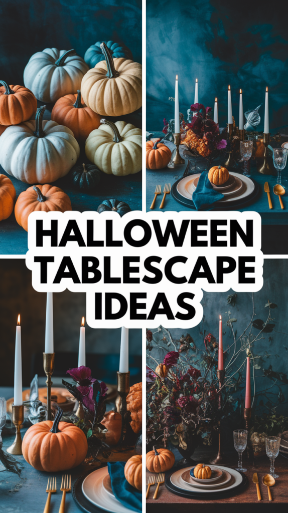 Collage of Halloween-themed tablescapes featuring pumpkins, candles, and elegant place settings.
