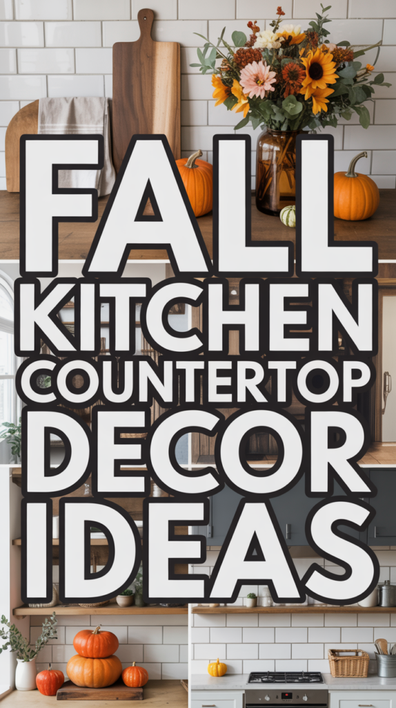 Fall-themed kitchen with pumpkins, flowers, and cutting boards on the countertops, featuring bold text: "Fall Kitchen Countertop Decor Ideas."