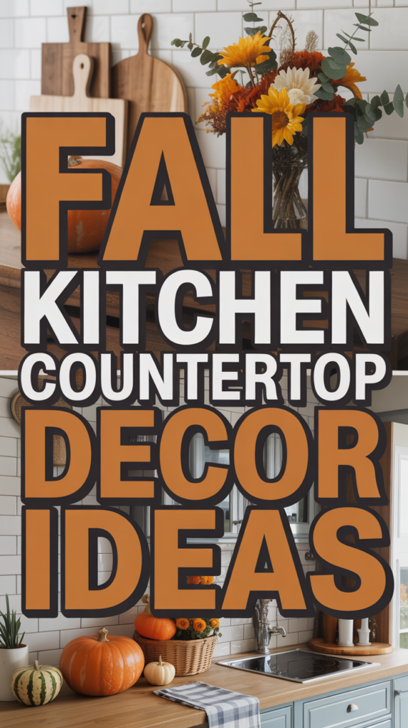 Text reading "Fall Kitchen Countertop Decor Ideas" over images of wooden cutting boards, flowers, and pumpkins on a kitchen counter.
