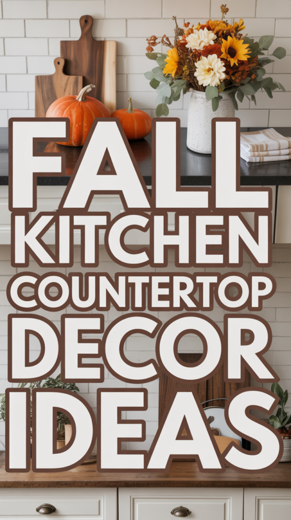 Pumpkins and fall flowers on a kitchen counter with text: "Fall Kitchen Countertop Decor Ideas."