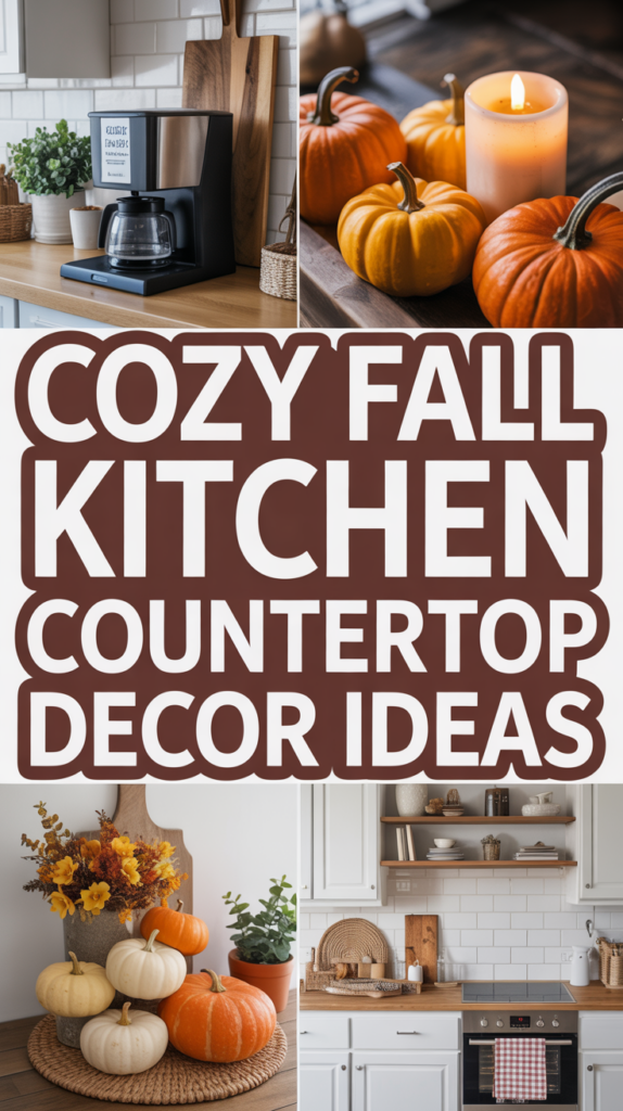 Collage of cozy fall kitchen decor with pumpkins, a coffee maker, and a text overlay: "Cozy Fall Kitchen Countertop Decor Ideas."