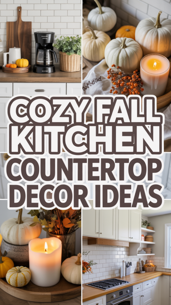 Collage of cozy fall kitchen decor featuring pumpkins, candles, and a coffee maker on a tiled countertop.