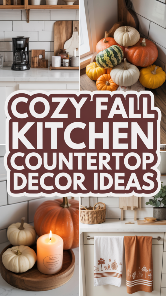 Collage of a kitchen with pumpkins, coffee maker, candle, and decorative towels suggesting fall decor ideas.
