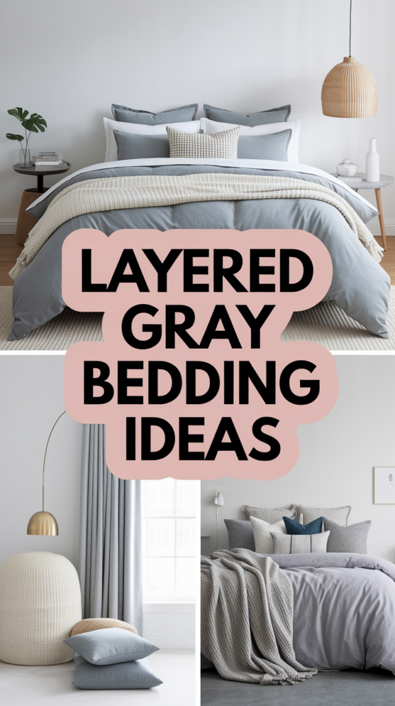 Collage of stylish gray bedding setups featuring pillows, throws, and blankets in modern, minimalistic bedrooms.