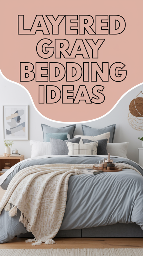 A neatly made bed with layered gray bedding, decorative pillows, and a beige blanket in a stylish bedroom.