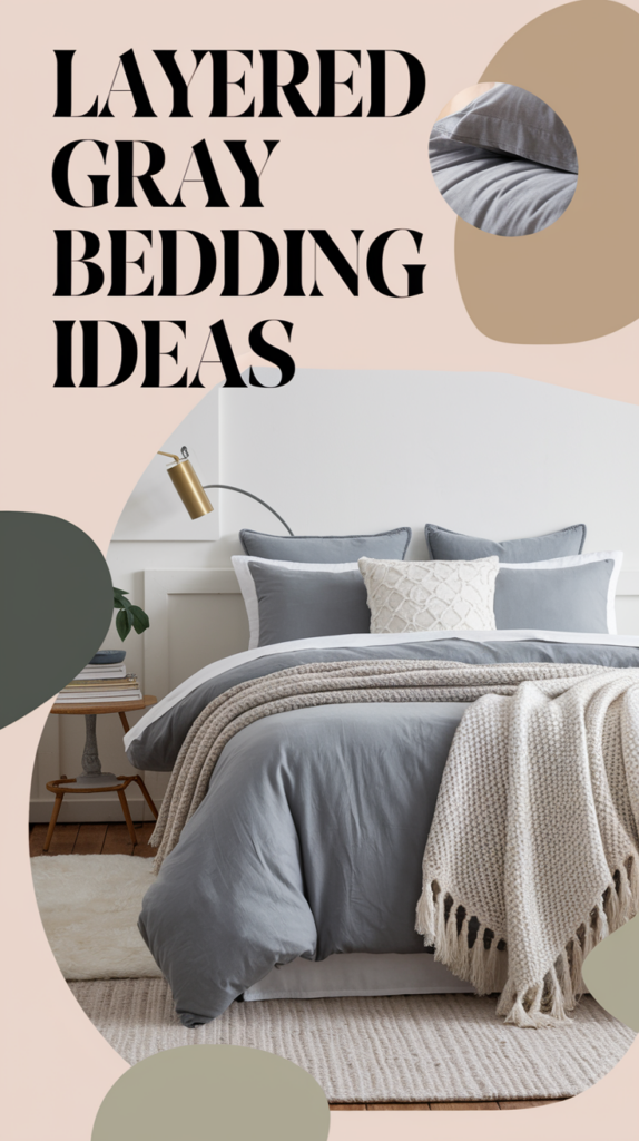 A neatly arranged bed with layered gray bedding and a textured throw blanket; text reads "Layered Gray Bedding Ideas."