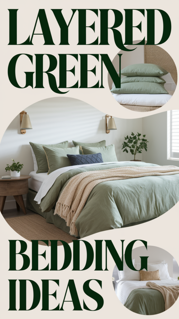 Green bedding with layers of pillows and a beige throw blanket on a neatly made bed.
