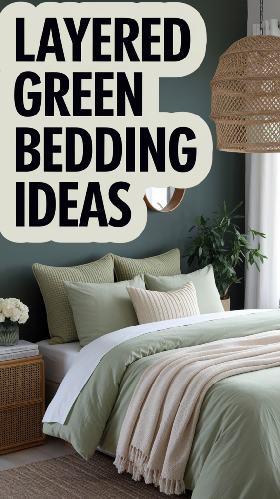 A cozy bedroom with green bedding, a wicker pendant light, and plants, overlaid with text "Layered Green Bedding Ideas."