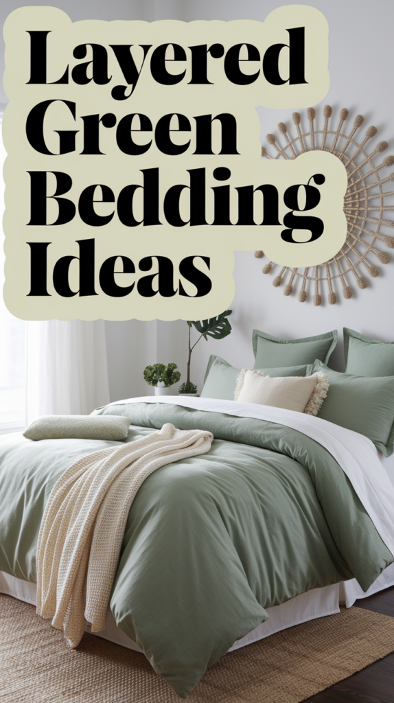 A cozy bedroom with layered green bedding, decorative pillows, and a round wall art piece above the bed.