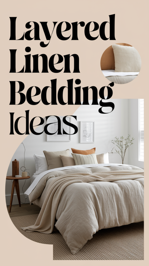 Beige linen bedding set on a bed with layered pillows, surrounded by minimal decor and text reading "Layered Linen Bedding Ideas."