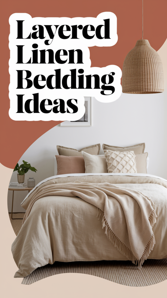 A neatly made bed with layered linen bedding in neutral tones, accompanied by a hanging wicker lamp.