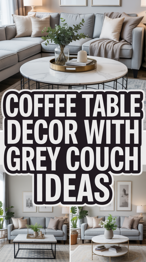 Collage of stylish living rooms featuring coffee table decor with grey couches and accent pillows.