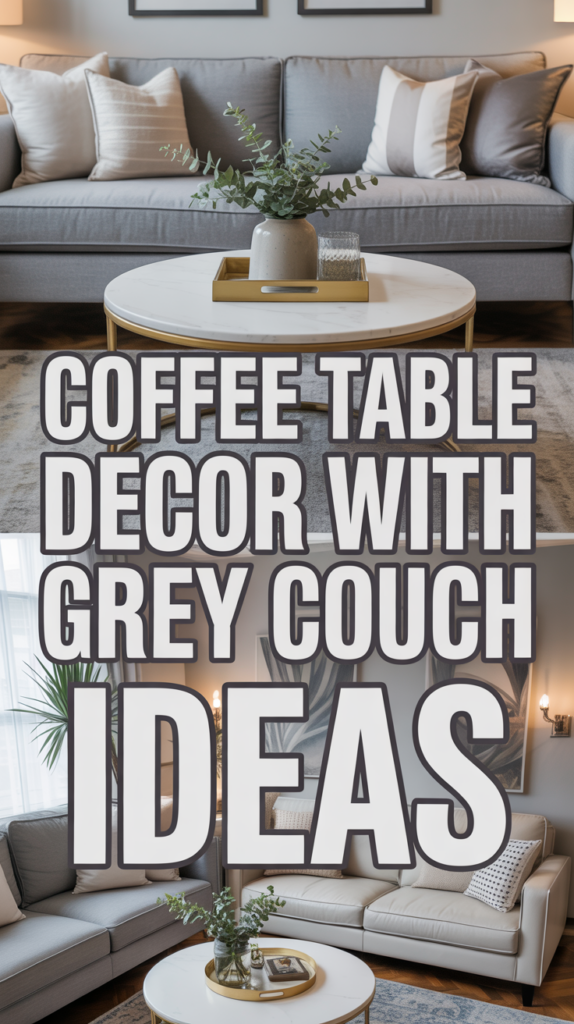 Living room with a gray couch and styled coffee table featuring a plant in a pot.