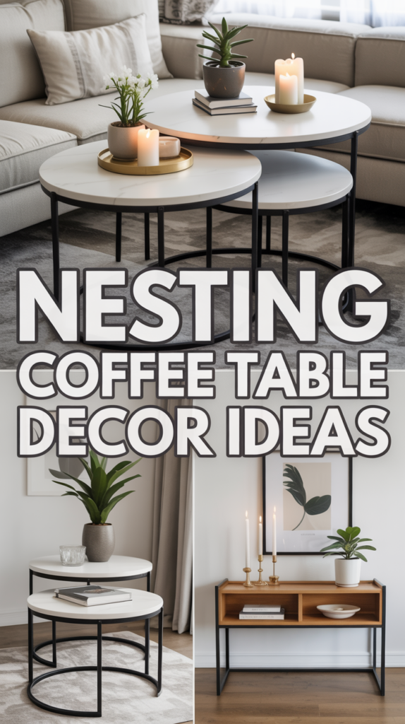 Collage featuring stylishly arranged nesting coffee tables with plants and candles, displaying decor ideas.
