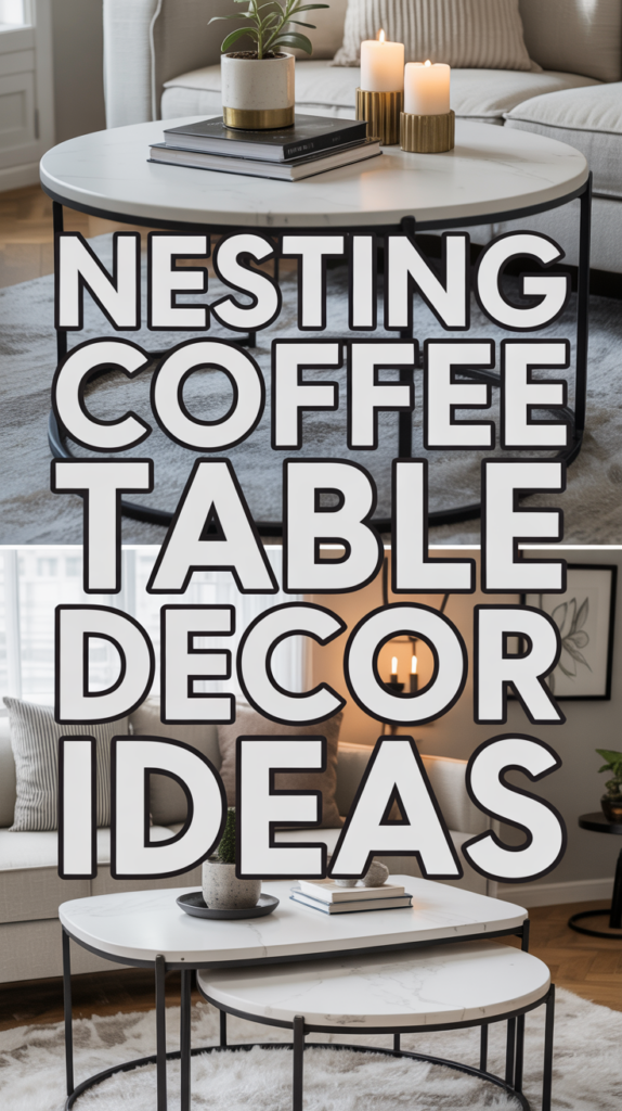 A modern coffee table with nested design, decorated with books, candles, and a plant in a stylish living room setting.