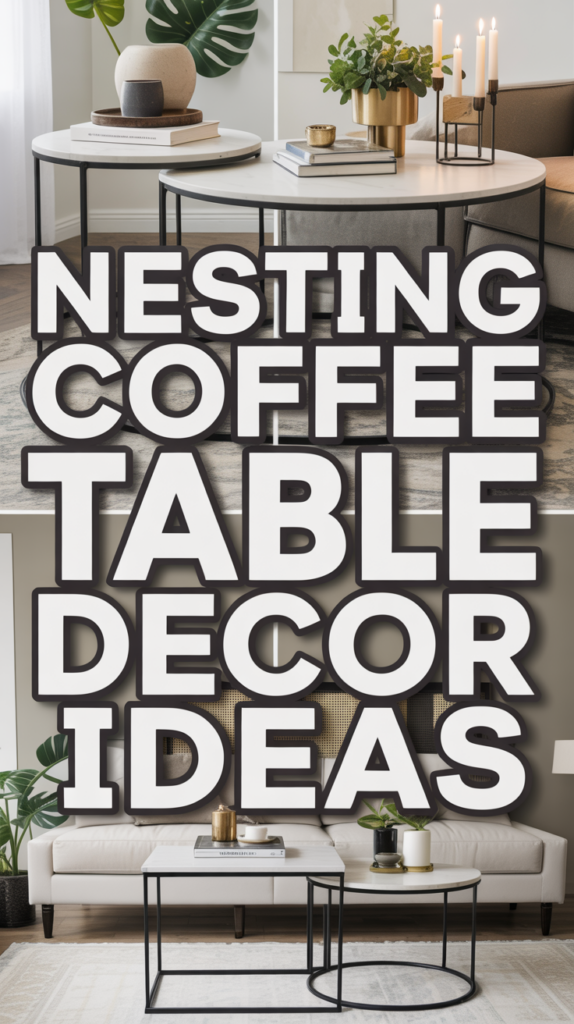 Stylish nesting coffee tables with decor, featuring candles, books, and plants in a modern living room setting.