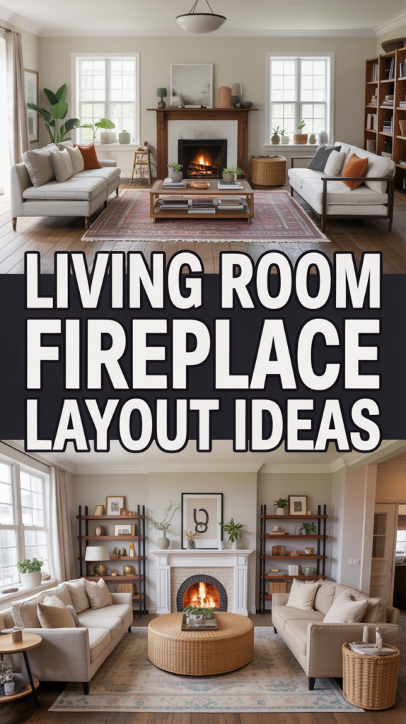 Split image showing two living room fireplace layouts; top features modern grey sofas and wooden shelves, bottom has cream sofas and a round wicker table.
