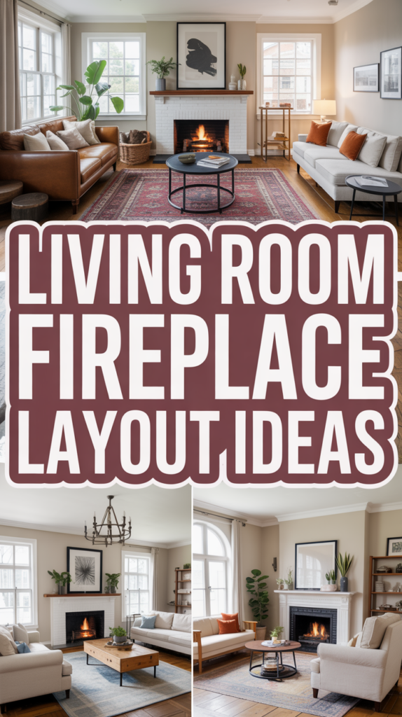 Collage of cozy living room designs featuring fireplaces with elegant seating arrangements and complementary decor.