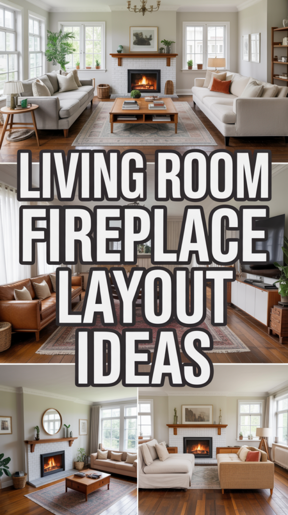 Collage of stylish living rooms showcasing various fireplace layout ideas with couches and decor.