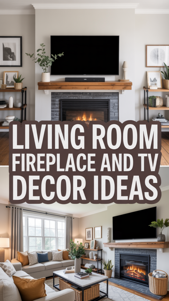 A cozy living room with a fireplace and wall-mounted TV above, featuring stylish decor and large windows.