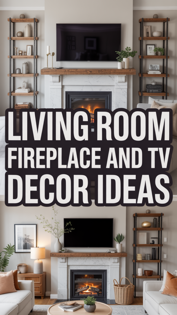 Living room with a cozy fireplace, TV, and stylish decor on shelves and a mantel.
