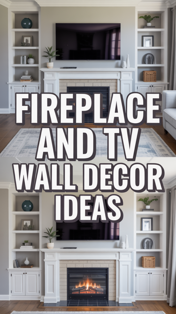 Living room with built-in shelves, a wall-mounted TV, and a fireplace; text says "Fireplace and TV Wall Decor Ideas."