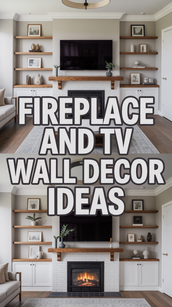 Living room walls with floating shelves around a TV and fireplace, captioned "Fireplace and TV Wall Decor Ideas."