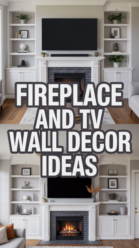 Two living room setups with a TV above a fireplace, surrounded by white shelves with decorative items and text overlay: "Fireplace and TV Wall Decor Ideas."