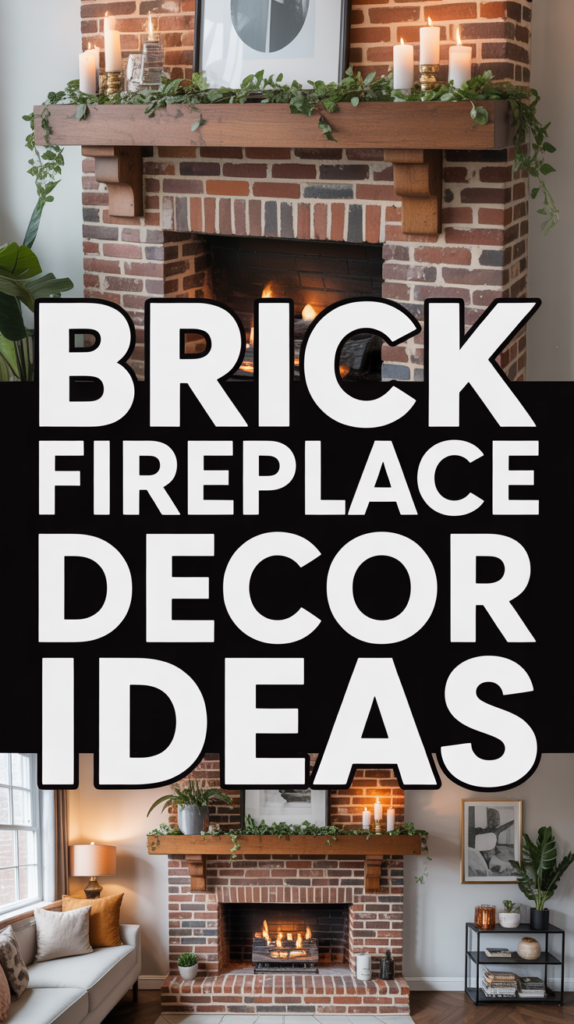 Brick fireplace with candles and greenery, cozy living room with text overlay: "Brick Fireplace Decor Ideas."