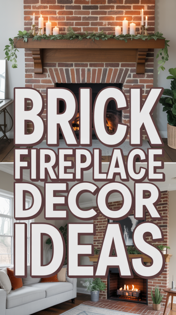 A cozy room features a brick fireplace with candles and plants on the mantel, with text overlay "Brick Fireplace Decor Ideas."