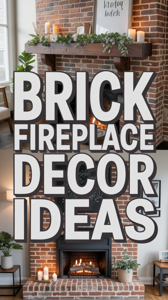 Brick fireplace with candles, greenery, and framed art text overlaid: "Brick Fireplace Decor Ideas."