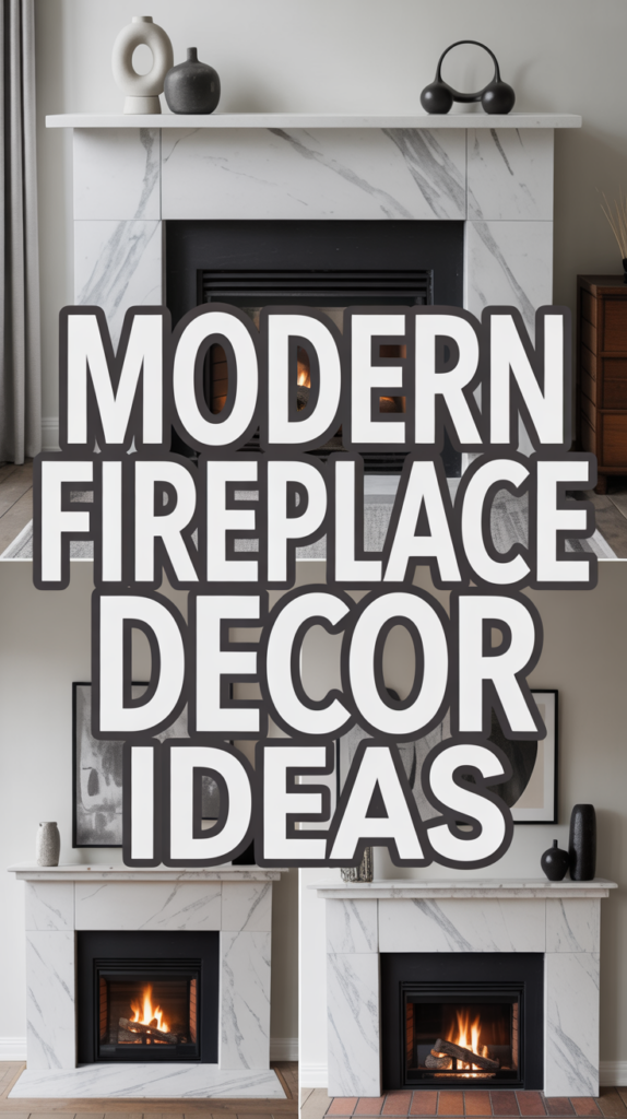 Collage showcasing modern fireplace decor ideas with marble mantels and stylish minimalist accessories.