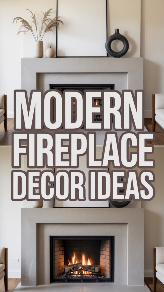Stylish modern fireplace with decor ideas including a black vase, rustic chairs, and pampas grass, with visible flames below.