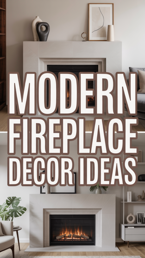 Text reading "Modern Fireplace Decor Ideas" over image of two fireplaces, one with art and vase, the other with plants and neutral decor.