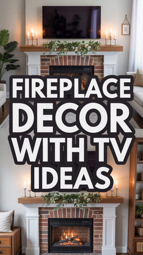 Fireplace mantel with wooden decorations and greenery, topped with a TV, casting warm candlelight.