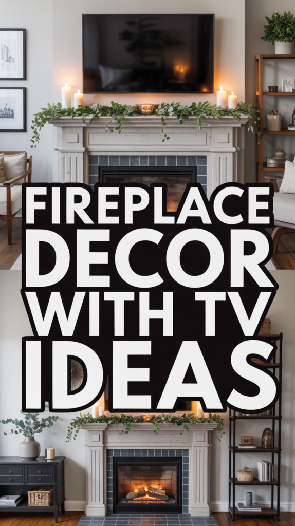 Elegant living room with a TV mounted above a fireplace, decorated with greenery and candles.