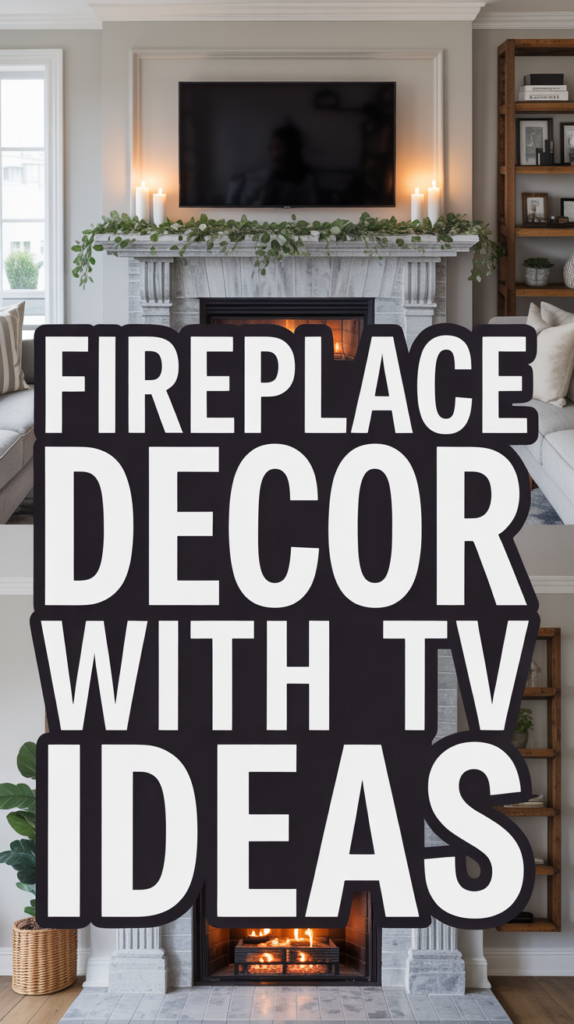 Stylish fireplace with greenery and candles, a TV above, and shelves on the sides filled with decor items; text reads "Fireplace Decor with TV Ideas."