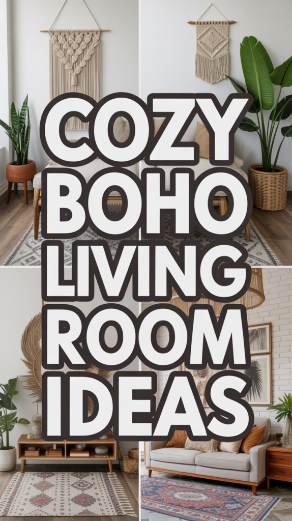 Split image showing a boho living room with macramé wall art, plants, and cozy furniture, overlaid with the text "Cozy Boho Living Room Ideas."
