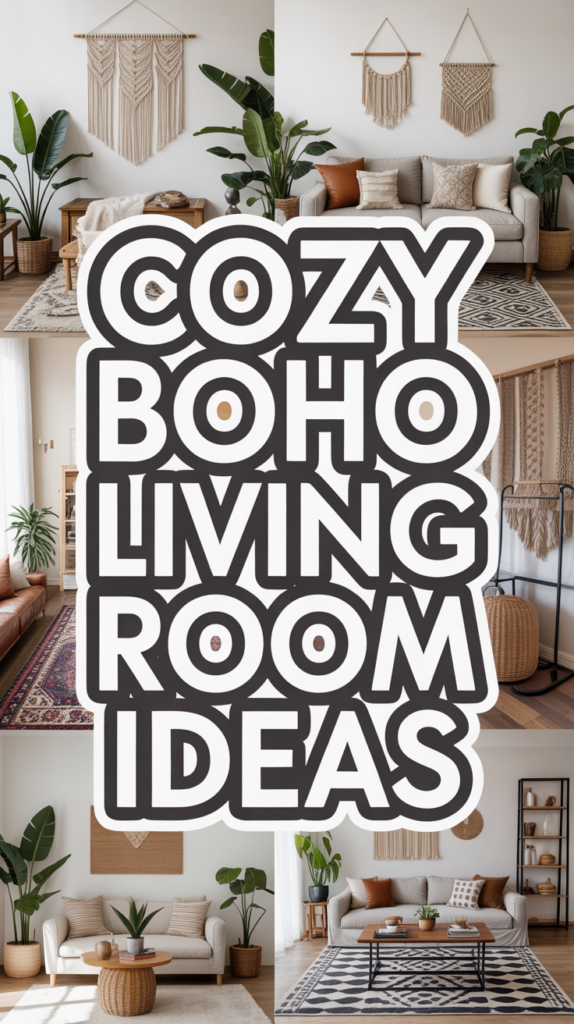 Collage of boho living rooms featuring macramé wall hangings, leafy plants, cushioned couches, and natural textures.