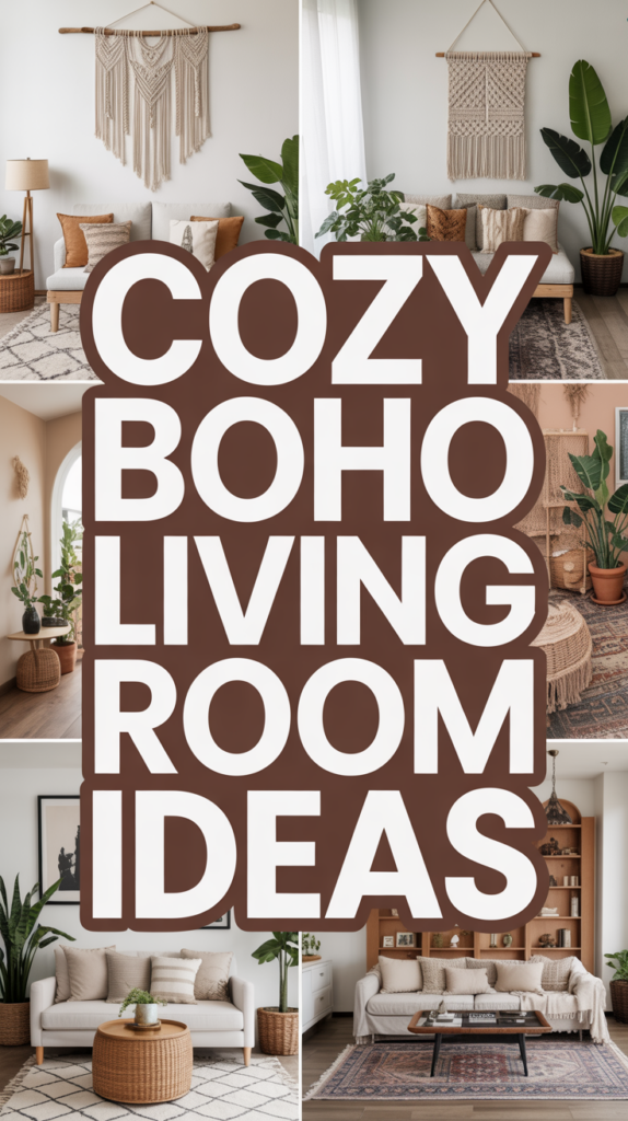 Collage of boho living rooms with plants, woven decor, and text "Cozy Boho Living Room Ideas" in large letters.