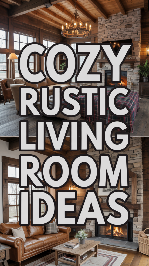 Split image of two rustic living rooms with stone fireplaces and cozy furnishings, overlaid with the text "Cozy Rustic Living Room Ideas."