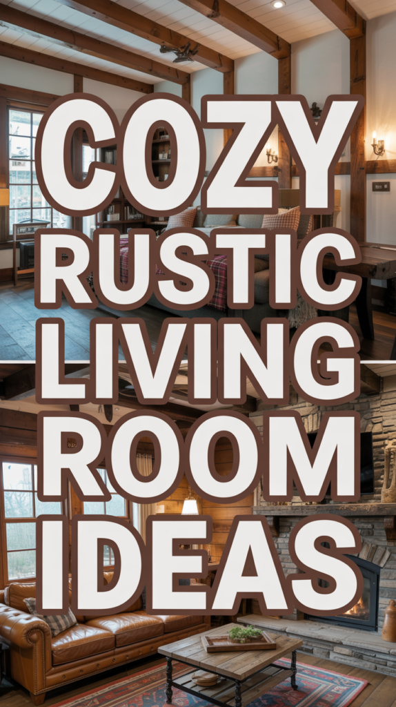 Large text in a rustic living room with wooden beams, sofas, and a stone fireplace.