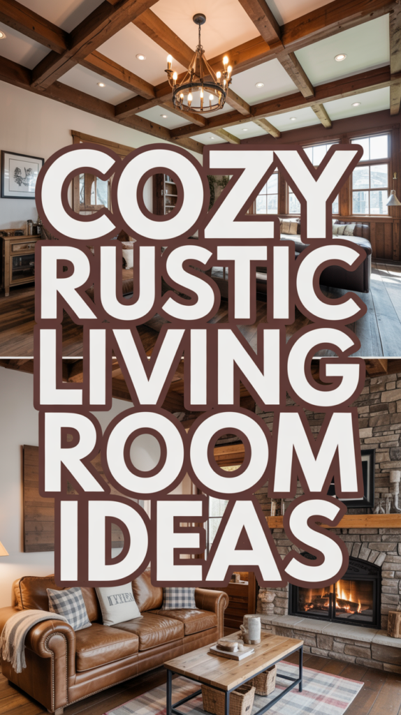 Text reads "Cozy Rustic Living Room Ideas" over images of a warm living room with wooden beams, leather furniture, and a stone fireplace.