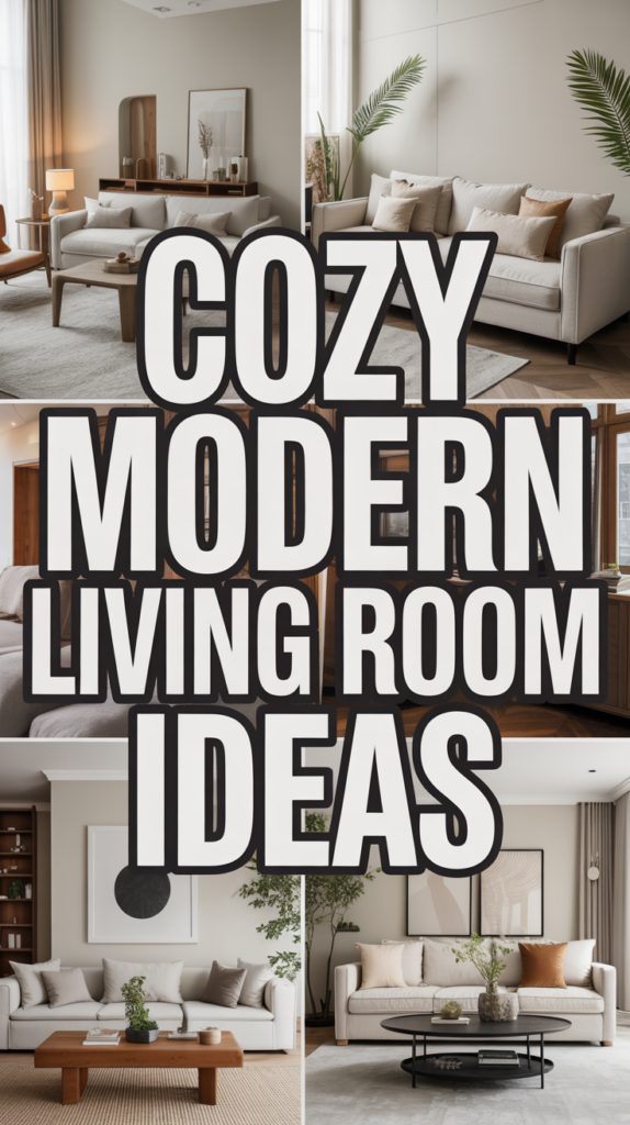 Collage of four modern, cozy living rooms featuring neutral tones, stylish furniture, and the text "Cozy Modern Living Room Ideas."