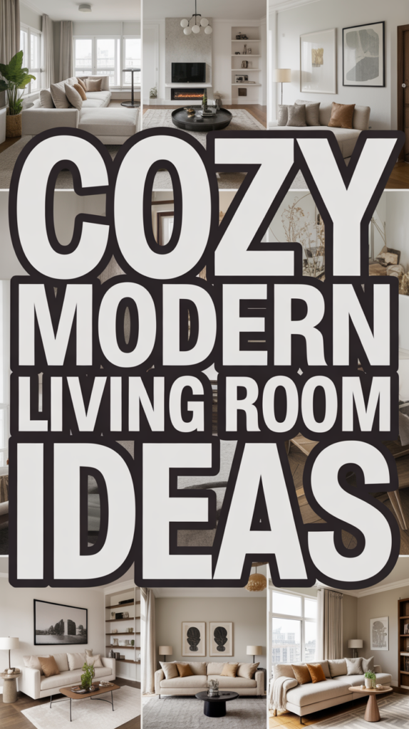 Collage of modern living rooms with the text "Cozy Modern Living Room Ideas" in bold overlaid.