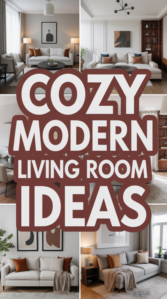 Collage of modern living rooms with neutral tones, featuring stylish furniture and decor. Text reads: "Cozy Modern Living Room Ideas."